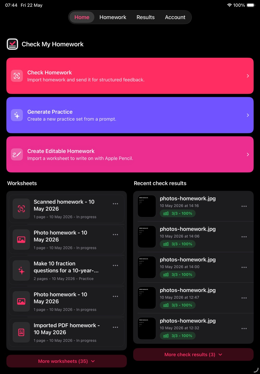 Check My Homework iPad home screen showing homework, practice, worksheets, and recent check results.