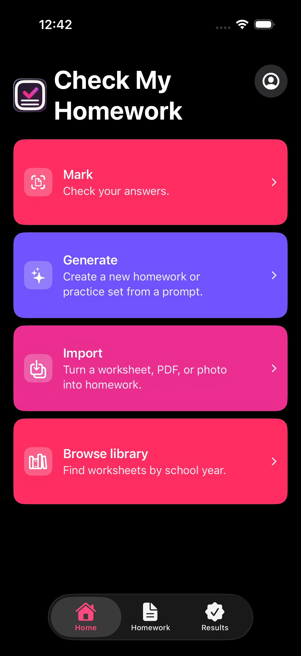Check My Homework on iPhone, with Mark, Generate, Import and Browse library actions, plus Homework and Results tabs.